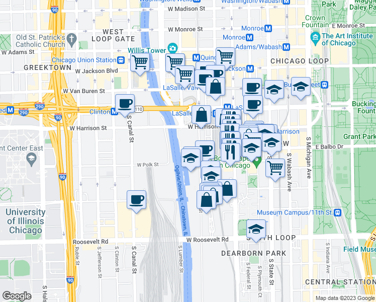 map of restaurants, bars, coffee shops, grocery stores, and more near 704 South Wells Street in Chicago