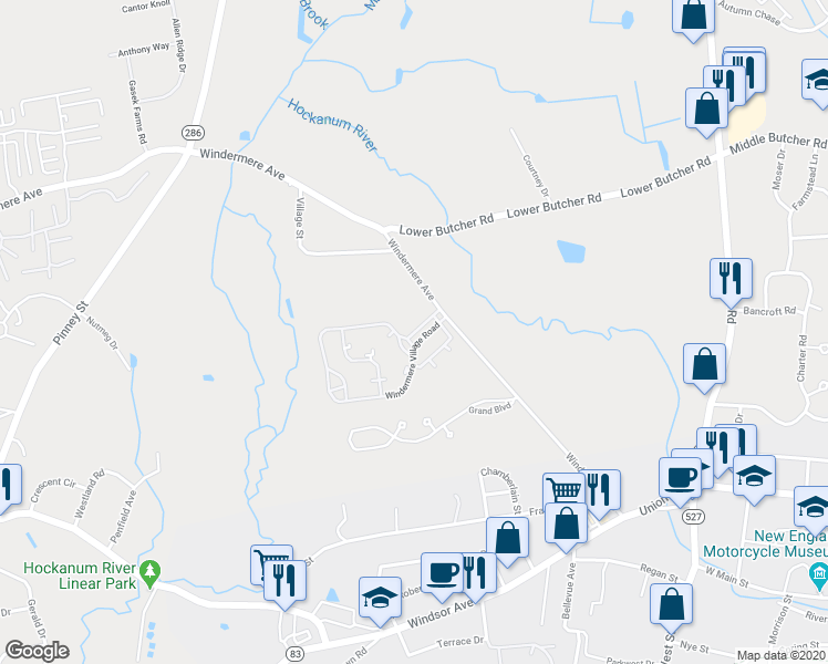 map of restaurants, bars, coffee shops, grocery stores, and more near 72 Windermere Village Road in Ellington