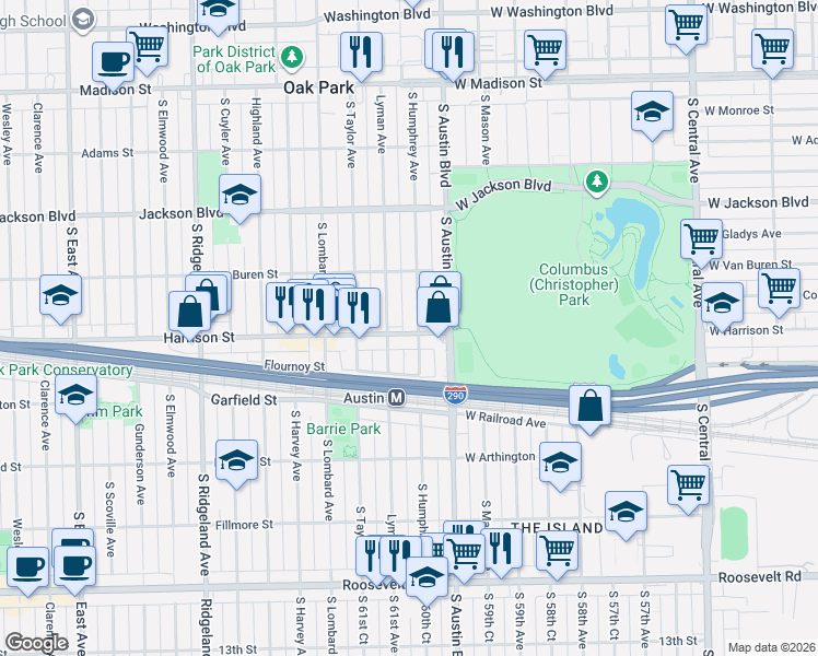 map of restaurants, bars, coffee shops, grocery stores, and more near 908 South Humphrey Avenue in Oak Park