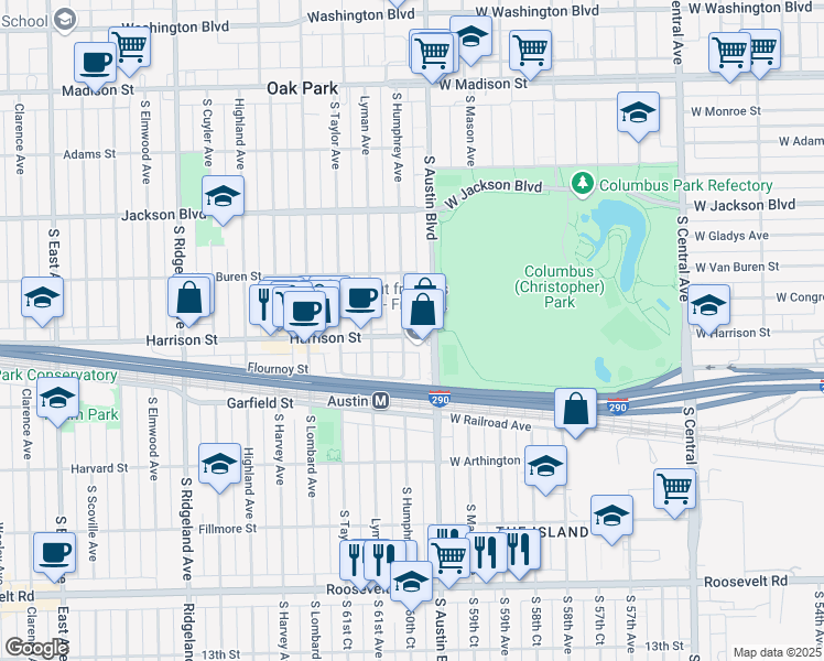 map of restaurants, bars, coffee shops, grocery stores, and more near 908 South Humphrey Avenue in Oak Park