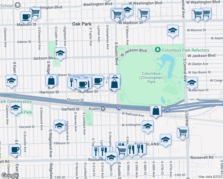 map of restaurants, bars, coffee shops, grocery stores, and more near 844 South Humphrey Avenue in Oak Park