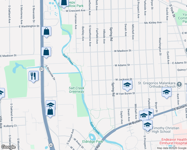 map of restaurants, bars, coffee shops, grocery stores, and more near 873 South Hawthorne Avenue in Elmhurst