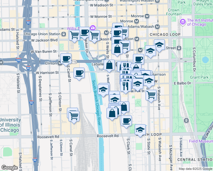 map of restaurants, bars, coffee shops, grocery stores, and more near 704 South Wells Street in Chicago