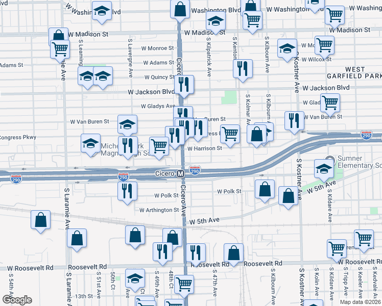 map of restaurants, bars, coffee shops, grocery stores, and more near 4738 West Flournoy Street in Chicago