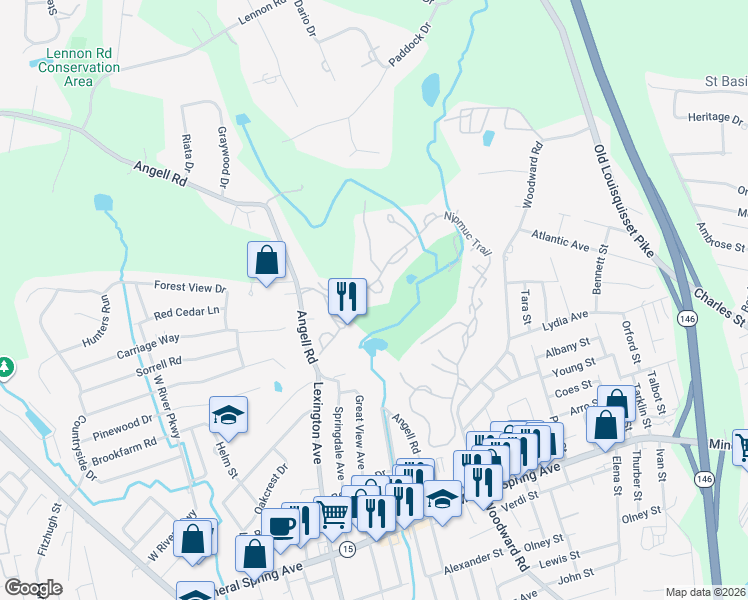 map of restaurants, bars, coffee shops, grocery stores, and more near 10A Cutters Green in North Providence