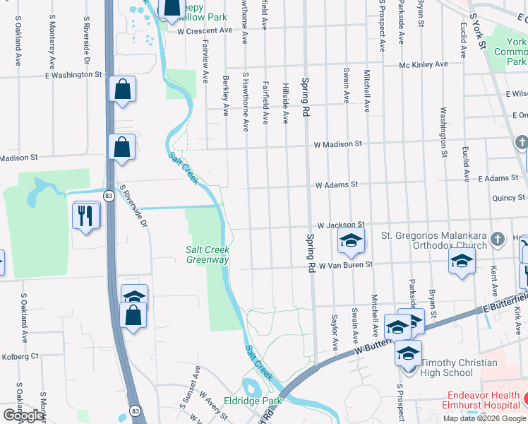 map of restaurants, bars, coffee shops, grocery stores, and more near 873 South Hawthorne Avenue in Elmhurst