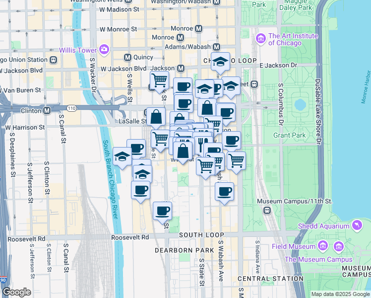 map of restaurants, bars, coffee shops, grocery stores, and more near 733 South Dearborn Street in Chicago