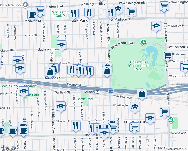 map of restaurants, bars, coffee shops, grocery stores, and more near 845 Lyman Avenue in Oak Park