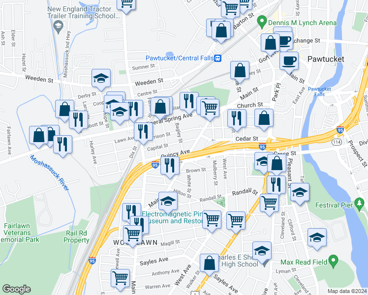 map of restaurants, bars, coffee shops, grocery stores, and more near 5 Bagley Street in Pawtucket