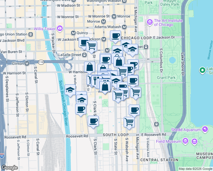 map of restaurants, bars, coffee shops, grocery stores, and more near 647 South Dearborn Street in Chicago