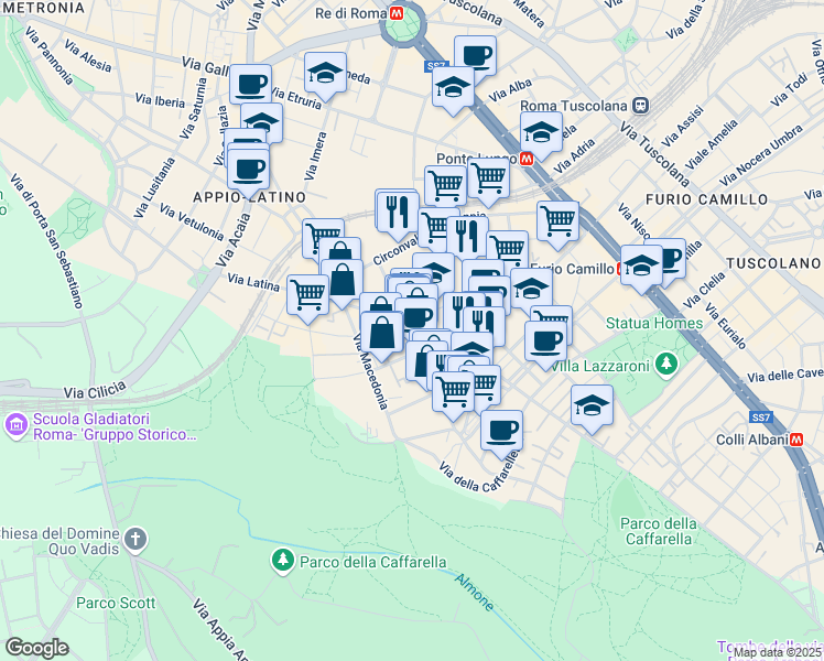 map of restaurants, bars, coffee shops, grocery stores, and more near 107 Via Tommaso da Celano in Roma