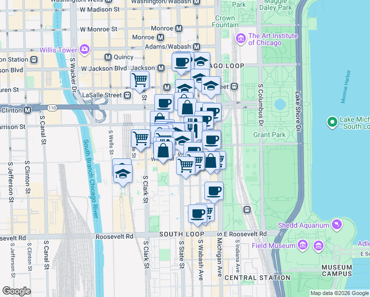 map of restaurants, bars, coffee shops, grocery stores, and more near 1 East Balbo Avenue in Chicago