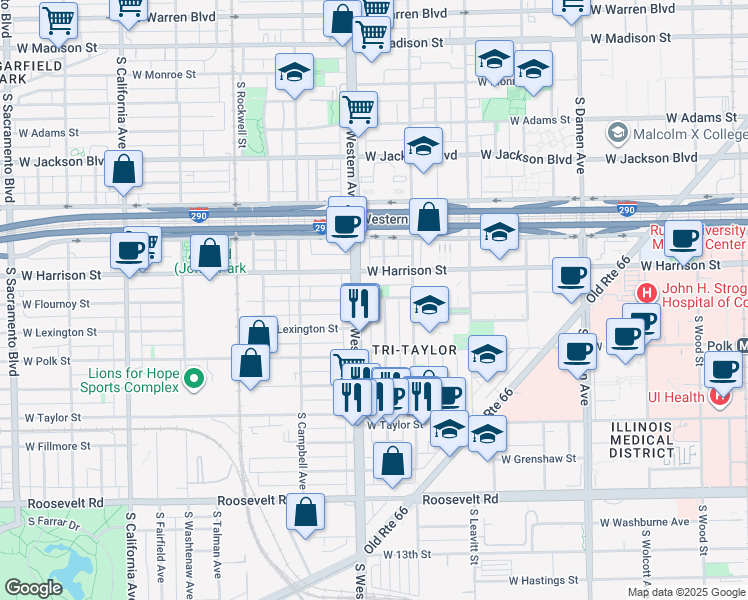 map of restaurants, bars, coffee shops, grocery stores, and more near 718 South Claremont Avenue in Chicago