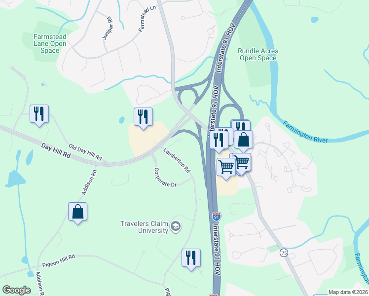 map of restaurants, bars, coffee shops, grocery stores, and more near 1 Day Hill Road in Windsor