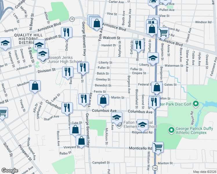 map of restaurants, bars, coffee shops, grocery stores, and more near 56 Ferris Street in Pawtucket
