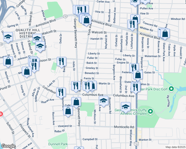 map of restaurants, bars, coffee shops, grocery stores, and more near 29 Ferris Street in Pawtucket