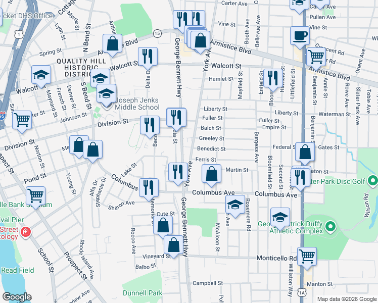 map of restaurants, bars, coffee shops, grocery stores, and more near 516 York Avenue in Pawtucket