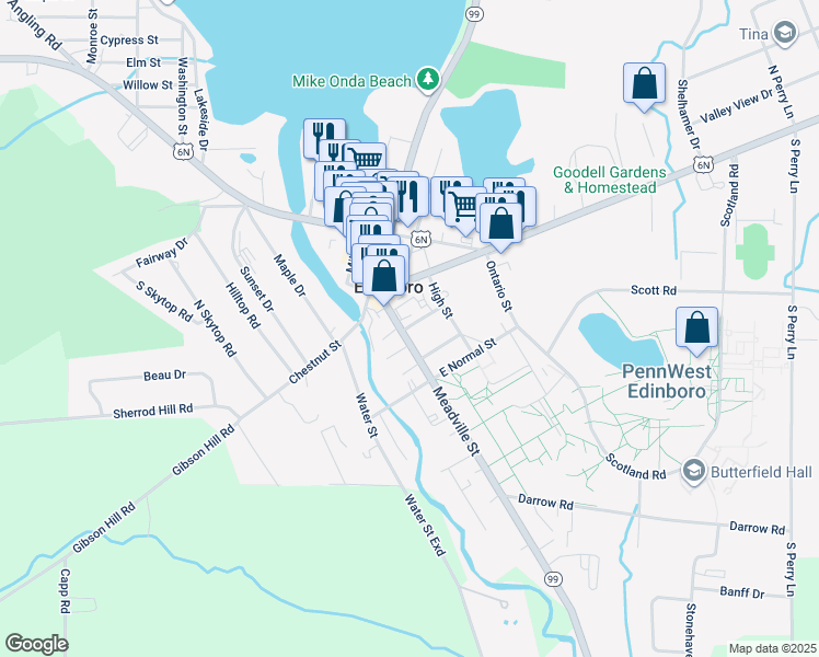 map of restaurants, bars, coffee shops, grocery stores, and more near 130 Meadville St in Edinboro