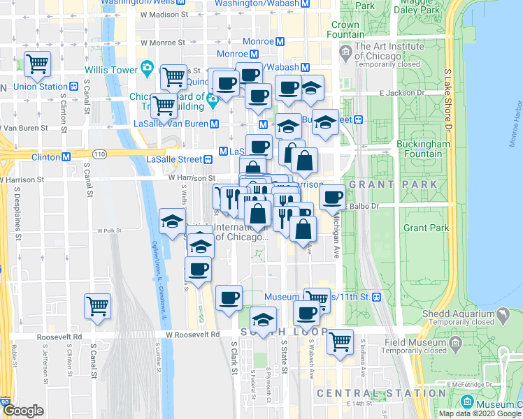 map of restaurants, bars, coffee shops, grocery stores, and more near 647 South Dearborn Street in Chicago