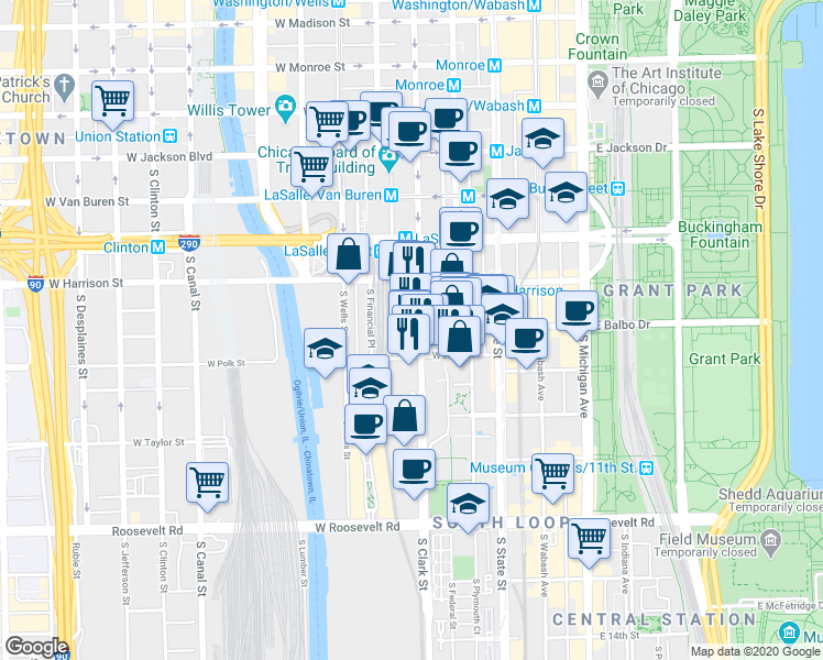 map of restaurants, bars, coffee shops, grocery stores, and more near 124 West Polk Street in Chicago