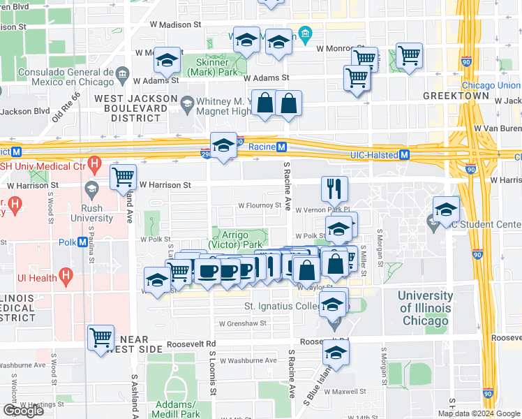 map of restaurants, bars, coffee shops, grocery stores, and more near 1246 West Lexington Street in Chicago