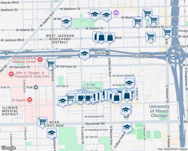 map of restaurants, bars, coffee shops, grocery stores, and more near 1282 West Lexington Street in Chicago
