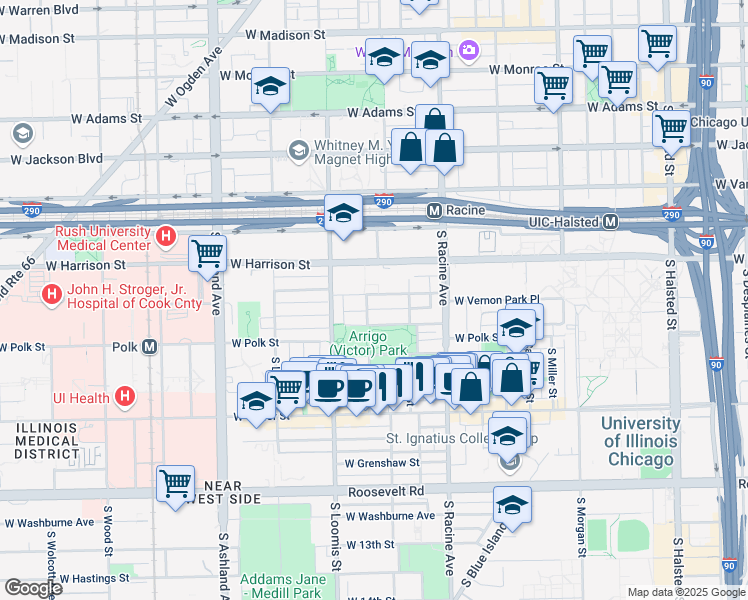 map of restaurants, bars, coffee shops, grocery stores, and more near 1282 West Lexington Street in Chicago