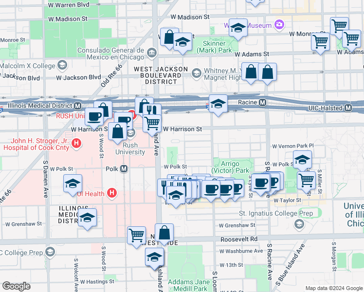 map of restaurants, bars, coffee shops, grocery stores, and more near 708 South Laflin Street in Chicago