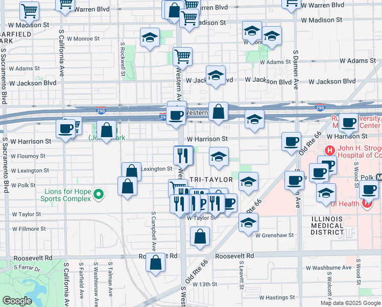 map of restaurants, bars, coffee shops, grocery stores, and more near 718 South Claremont Avenue in Chicago