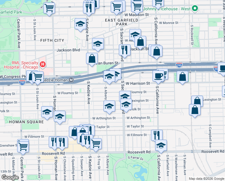 map of restaurants, bars, coffee shops, grocery stores, and more near 3027 West Flournoy Street in Chicago