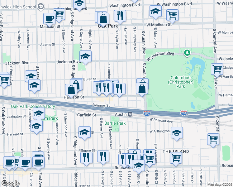 map of restaurants, bars, coffee shops, grocery stores, and more near 841 South Taylor Avenue in Oak Park