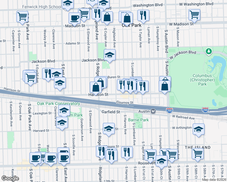 map of restaurants, bars, coffee shops, grocery stores, and more near 900 Highland Avenue in Oak Park