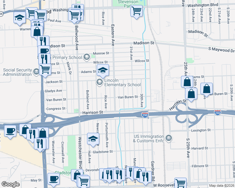 map of restaurants, bars, coffee shops, grocery stores, and more near 1101 Eastern Avenue in Bellwood