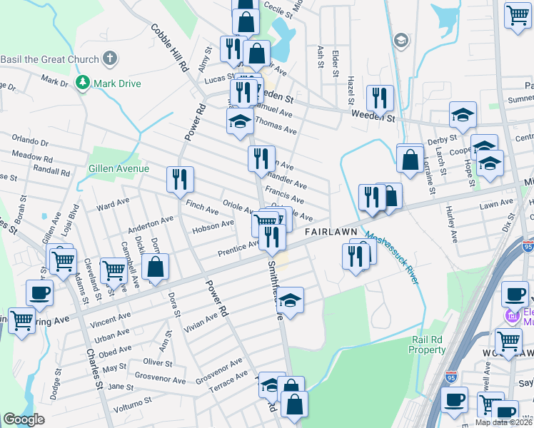 map of restaurants, bars, coffee shops, grocery stores, and more near 30 Columbia Avenue in Pawtucket
