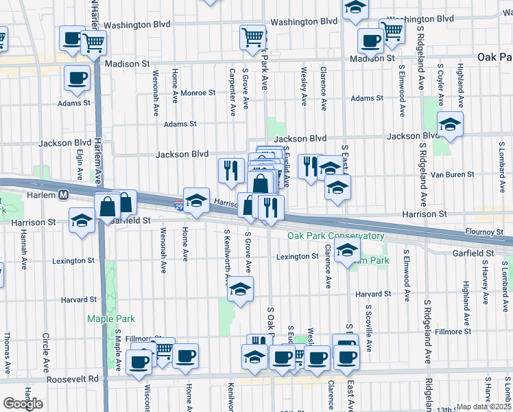 map of restaurants, bars, coffee shops, grocery stores, and more near 814 Harrison Street in Oak Park