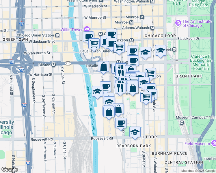 map of restaurants, bars, coffee shops, grocery stores, and more near 717 South Clark Street in Chicago