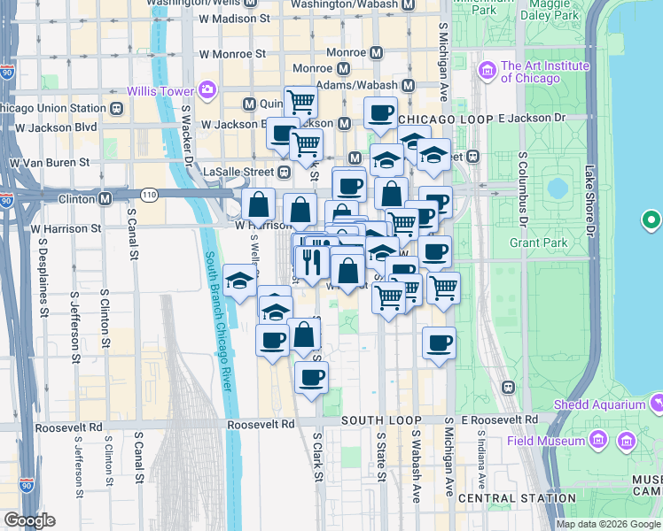 map of restaurants, bars, coffee shops, grocery stores, and more near 740 South Federal Street in Chicago