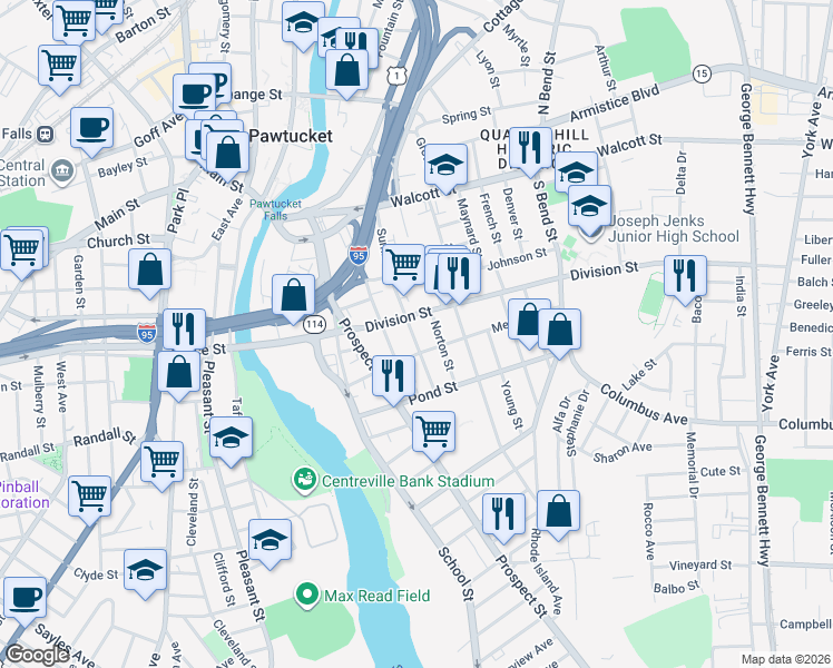 map of restaurants, bars, coffee shops, grocery stores, and more near 152 Summit Street in Pawtucket