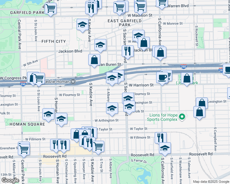 map of restaurants, bars, coffee shops, grocery stores, and more near 3027 West Flournoy Street in Chicago