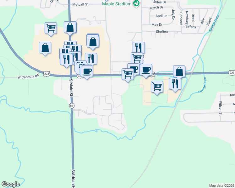 map of restaurants, bars, coffee shops, grocery stores, and more near 3100 South Winter Street in Adrian
