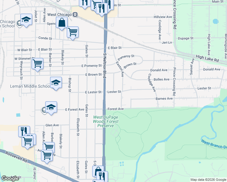 map of restaurants, bars, coffee shops, grocery stores, and more near Sarana Avenue in West Chicago