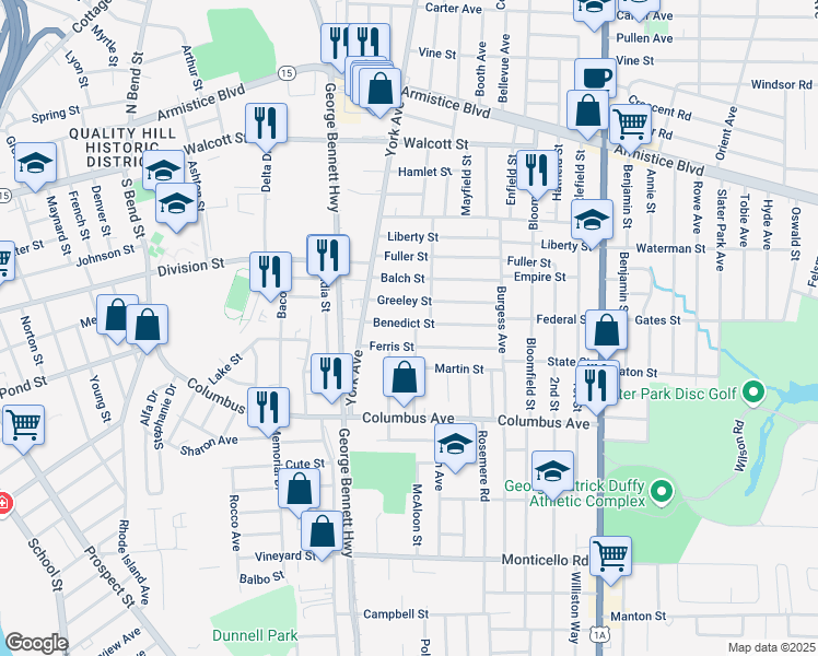 map of restaurants, bars, coffee shops, grocery stores, and more near 29 Ferris Street in Pawtucket