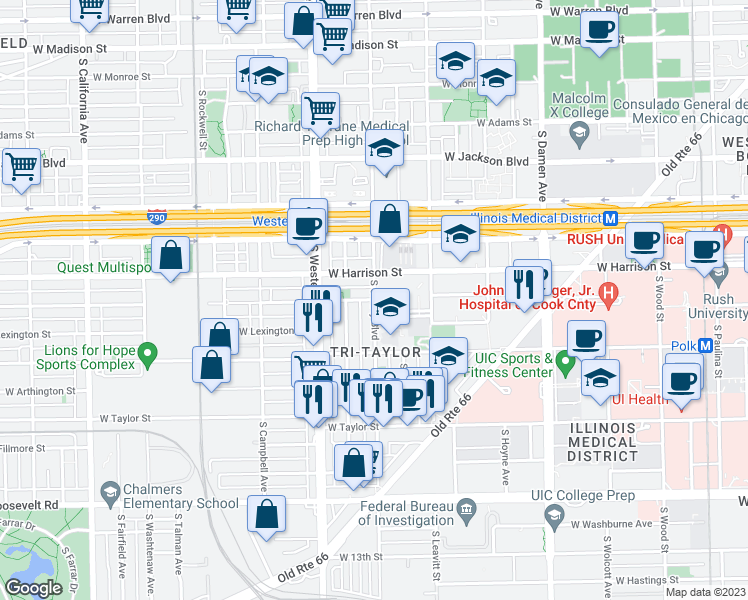 map of restaurants, bars, coffee shops, grocery stores, and more near West Flournoy Street & South Oakley Boulevard in Chicago