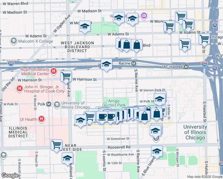 map of restaurants, bars, coffee shops, grocery stores, and more near 1333 West Flournoy Street in Chicago