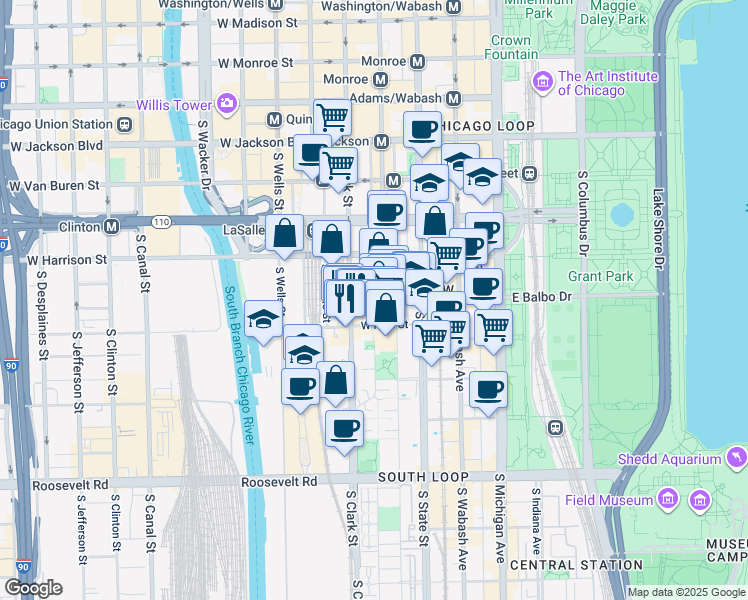 map of restaurants, bars, coffee shops, grocery stores, and more near 725 South Federal Street in Chicago