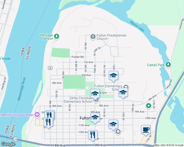 map of restaurants, bars, coffee shops, grocery stores, and more near 908 3rd Avenue in Fulton