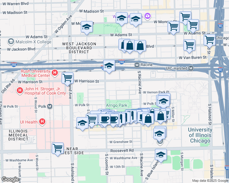 map of restaurants, bars, coffee shops, grocery stores, and more near 1282 West Lexington Street in Chicago