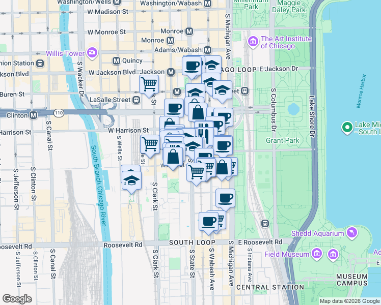 map of restaurants, bars, coffee shops, grocery stores, and more near South State Street & East Balbo Avenue in Chicago