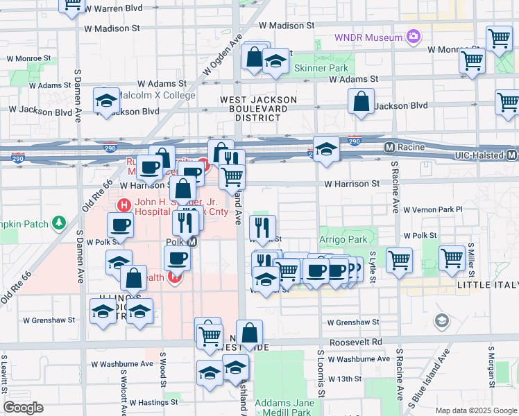 map of restaurants, bars, coffee shops, grocery stores, and more near 616 South Laflin Street in Chicago