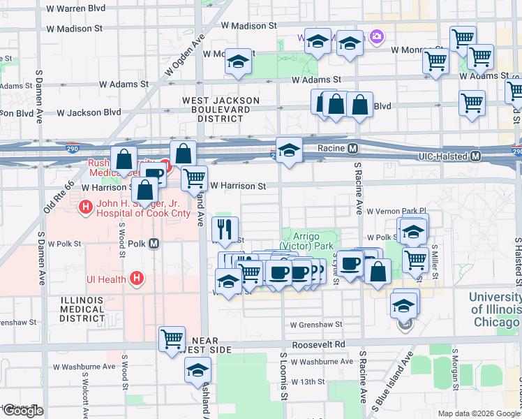 map of restaurants, bars, coffee shops, grocery stores, and more near 1430 West Lexington Street in Chicago